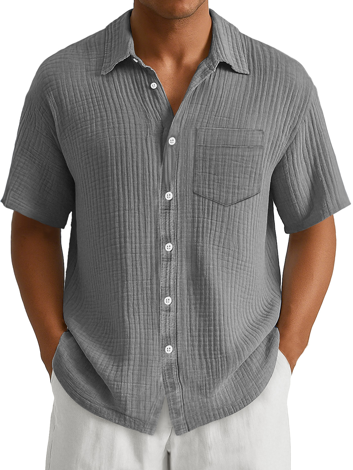 Men's Daily Casual Pleated Pocket Simple And Comfortable Short-Sleeved Shirt