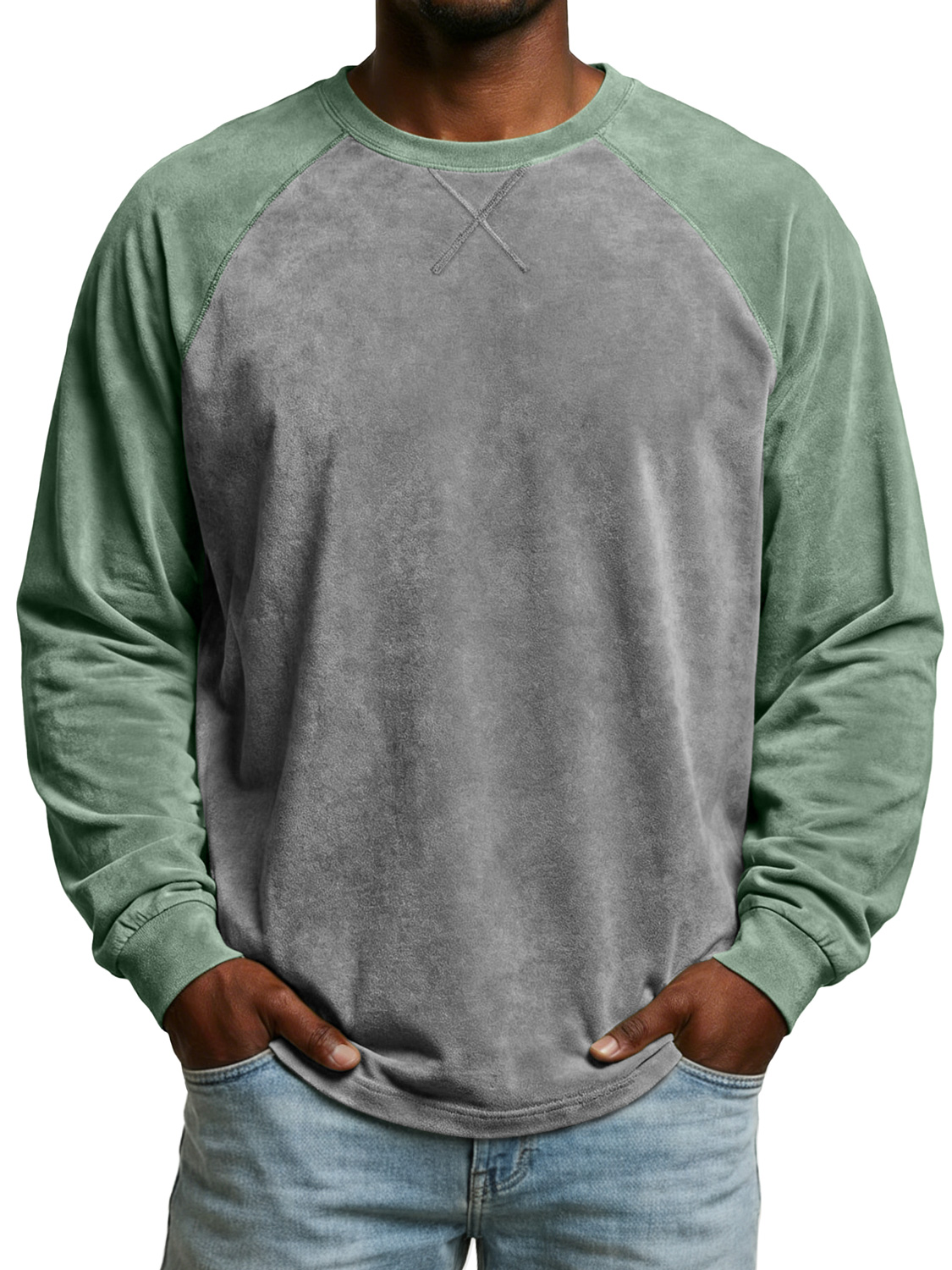 Men's Vintage Suede Patchwork Long-sleeved Casual T-shirt With Criss-cross Design