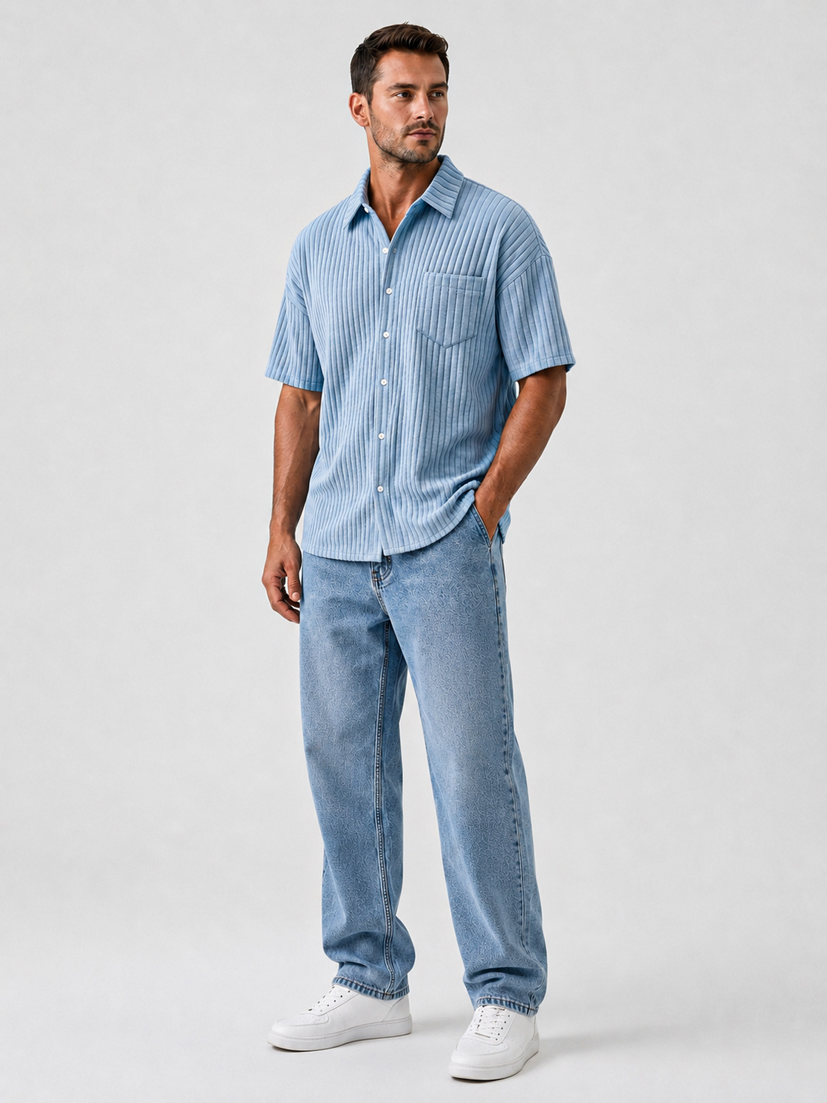 Men's Casual Solid-Color Short-Sleeve Shirt with Wide Ribbing