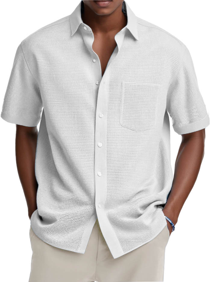 Men's Fashion Casual Retro Waffle Fabric Pocket Short-sleeved Shirt