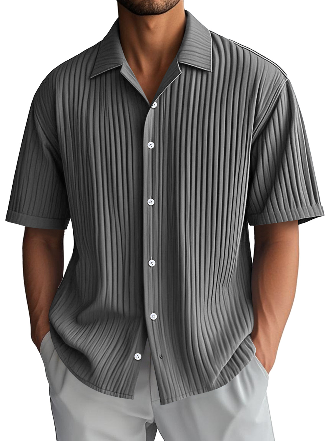 Men's Daily Casual Ribbed Lapel Comfortable Short-sleeved Shirt