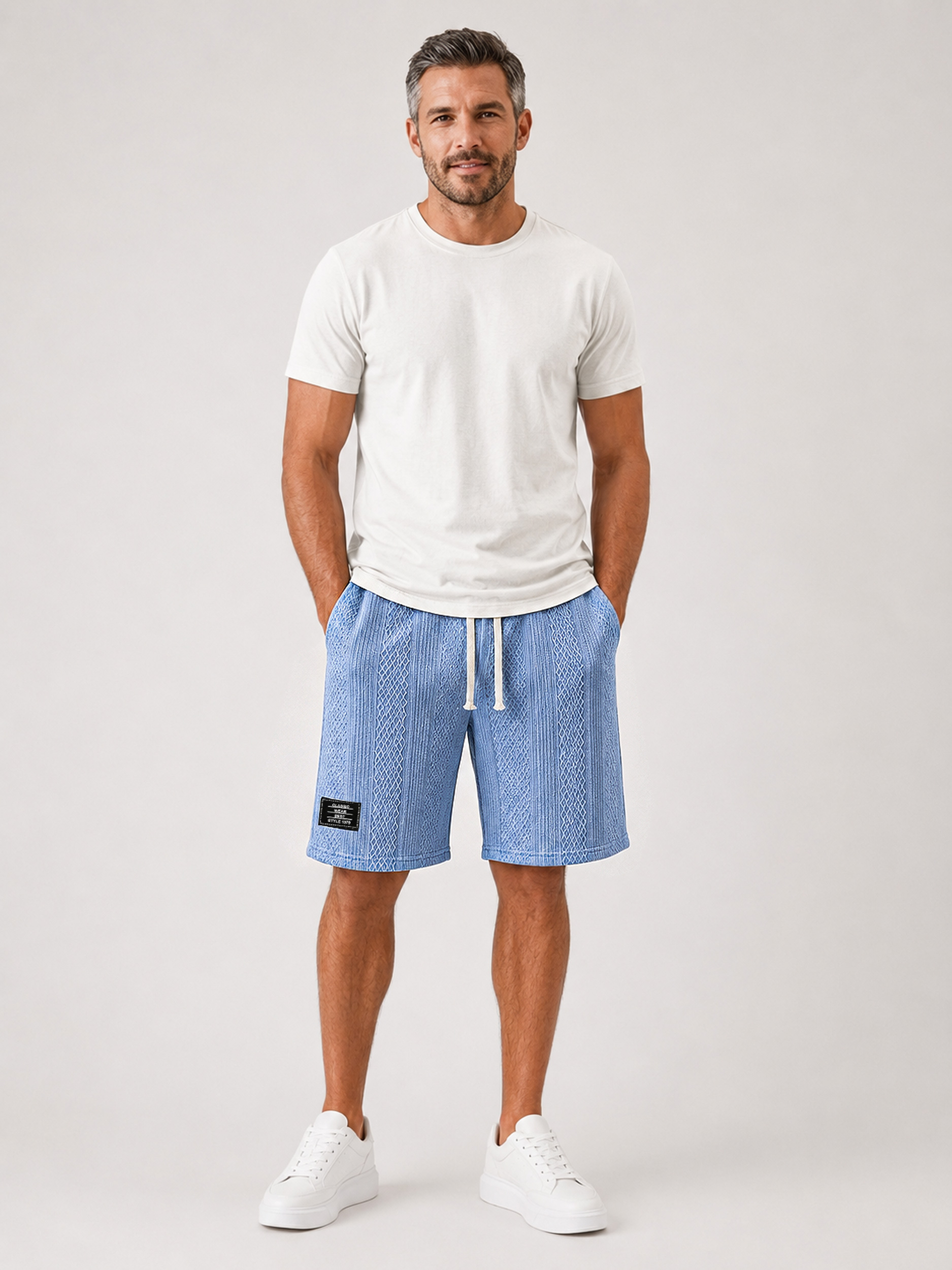 Men's Solid-Color Casual Shorts with Textured Embroidered Logo and Elastic Waist