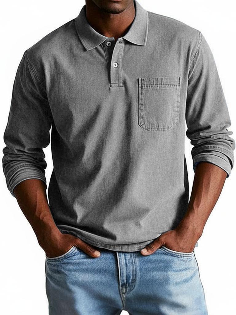 Men's Trendy Retro Lapel Long-sleeved Pocket Polo Shirt