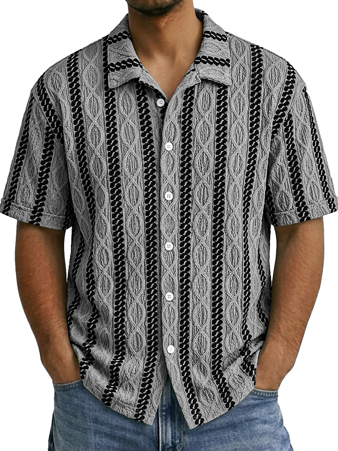 Men's Casual Jacquard Textured Solid Color Short-Sleeve Shirt