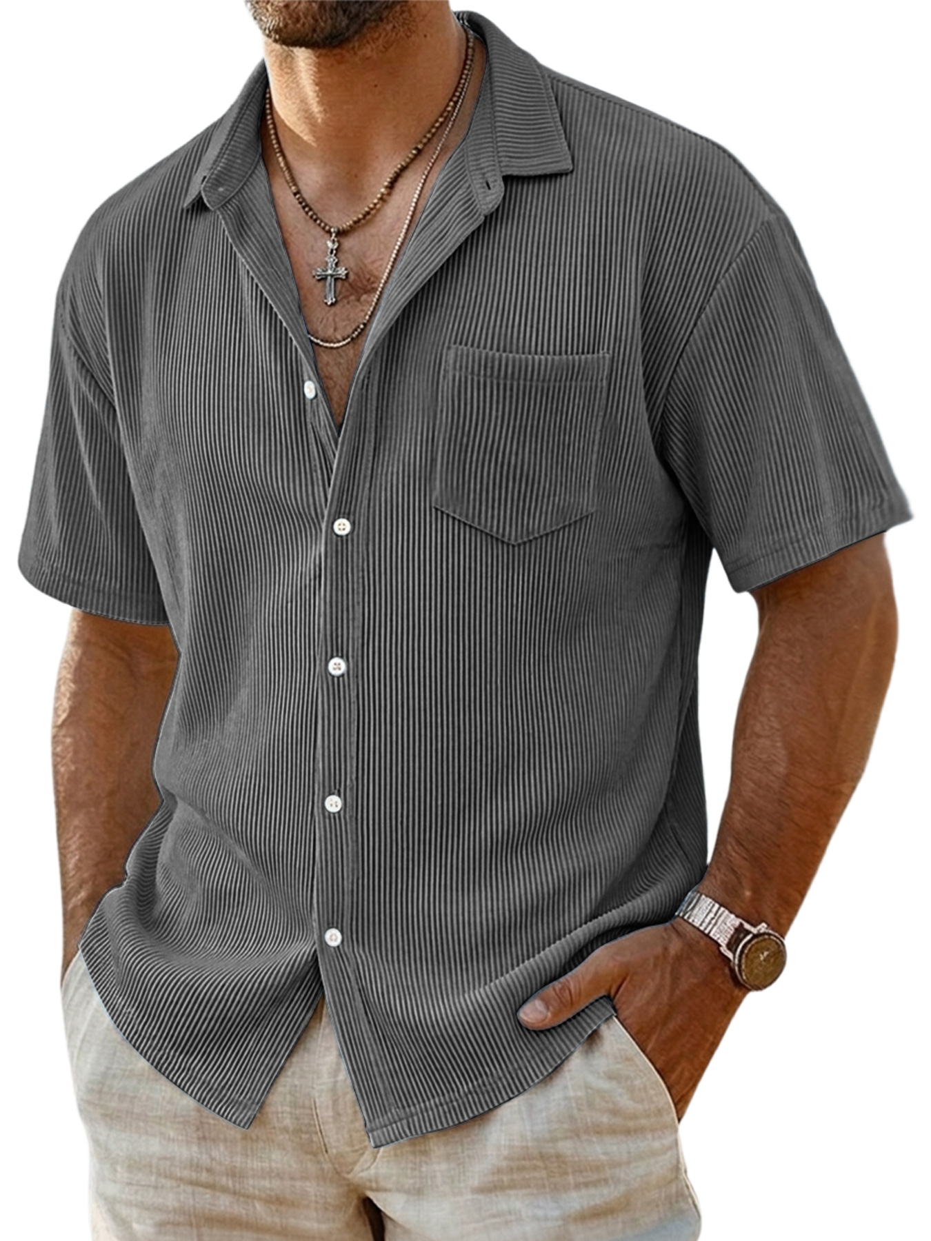 Men's Casual Ribbed Pocket Short-sleeved Shirt