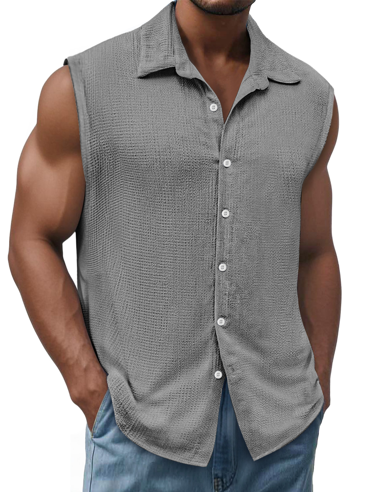 Men's Daily Texture Casual Lapel Solid Color Sleeveless Shirt