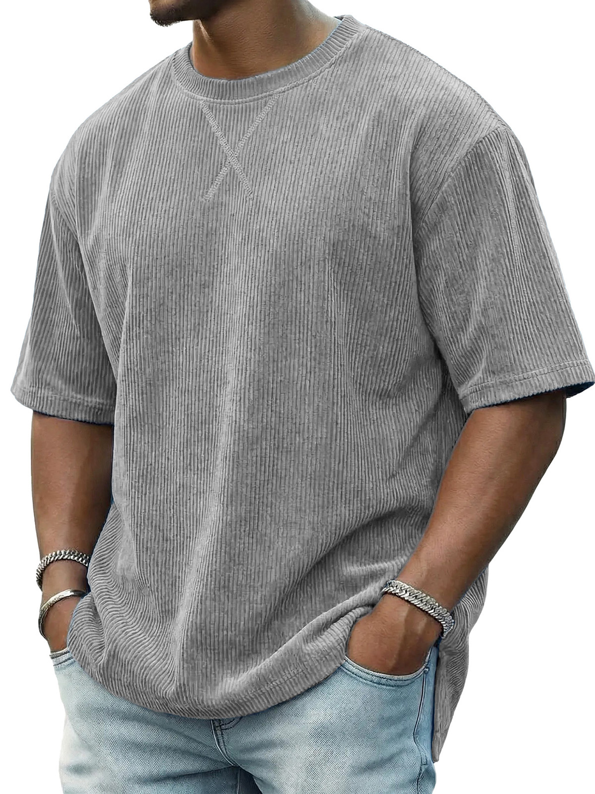 Men's Casual Fashionable Ribbed Crew Neck Short-Sleeve T-Shirt
