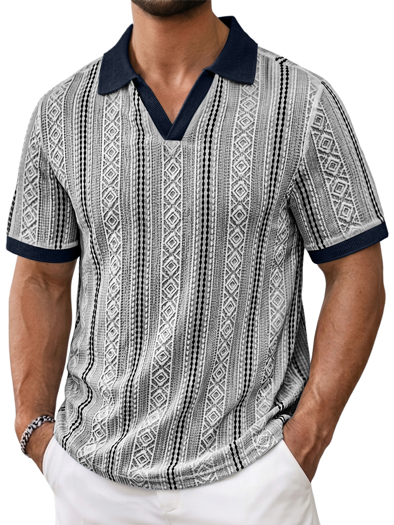 Men's Color-Blocked Seagull Collar Jacquard Textured Casual Short-Sleeve Polo Shirt