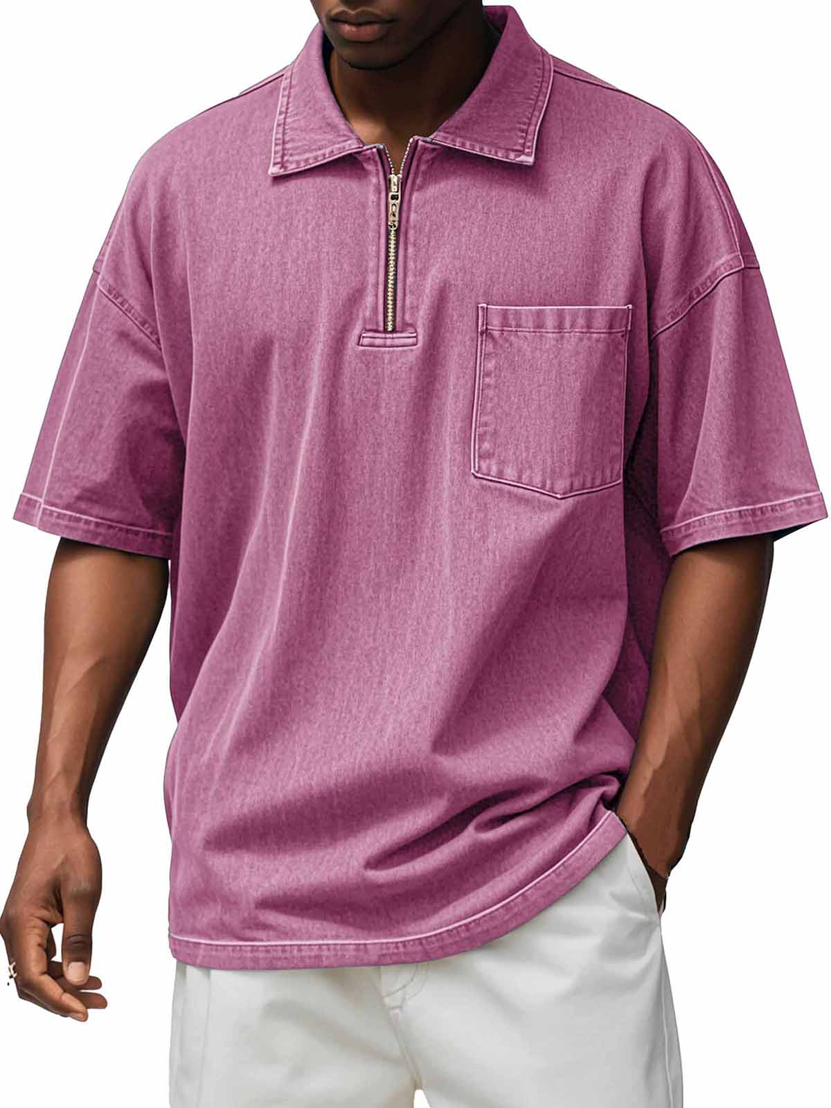 Men's Retro Distressed Zip Pocket Short Sleeve Polo Shirt