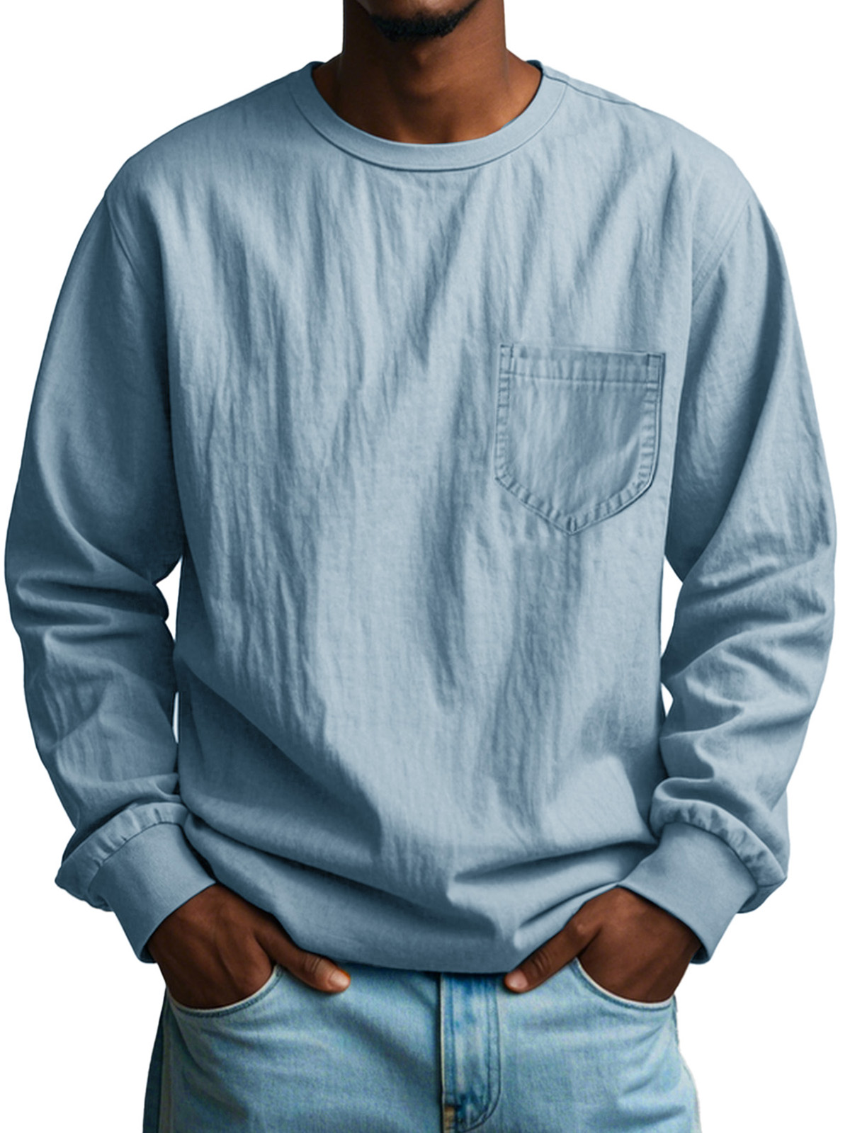 Men's Fashion Casual Pleated Round Neck Long Sleeve Pocket T-Shirt