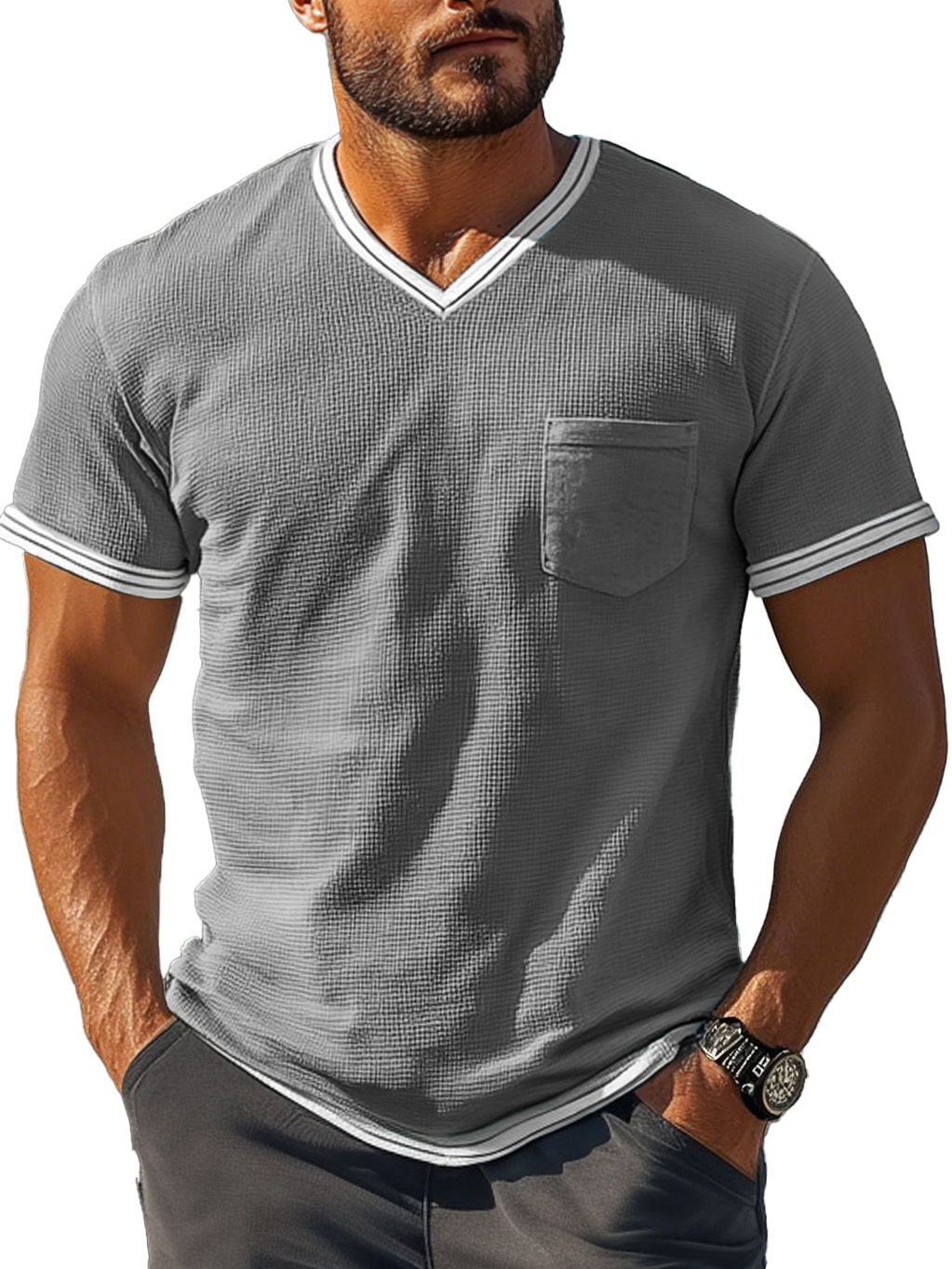 Men's Fashion Retro Patchwork Textured Fabric V-neck Short-sleeved T-shirt
