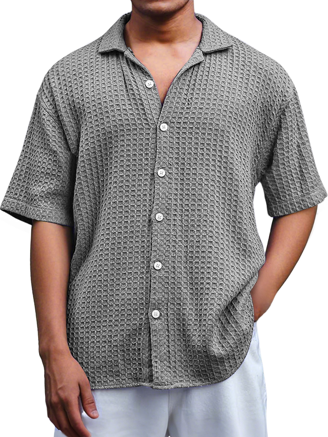Men's Everyday Waffle Casual Lapel Comfort Short Sleeve Shirt