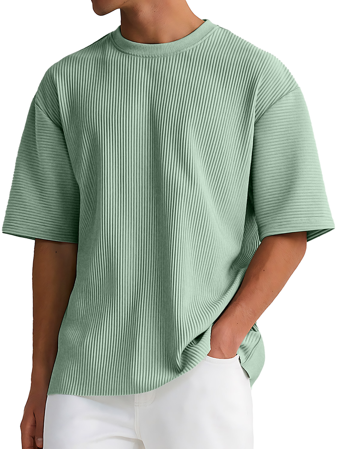 Men's Daily Round Neck Ribbed Texture Casual Solid Color Short-sleeved T-shirt