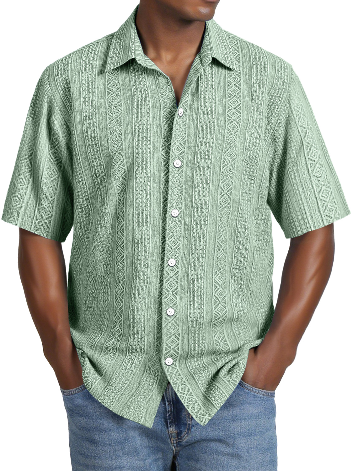 Men's Daily Casual Jacquard Texture Lapel Comfortable Short-sleeved Shirt