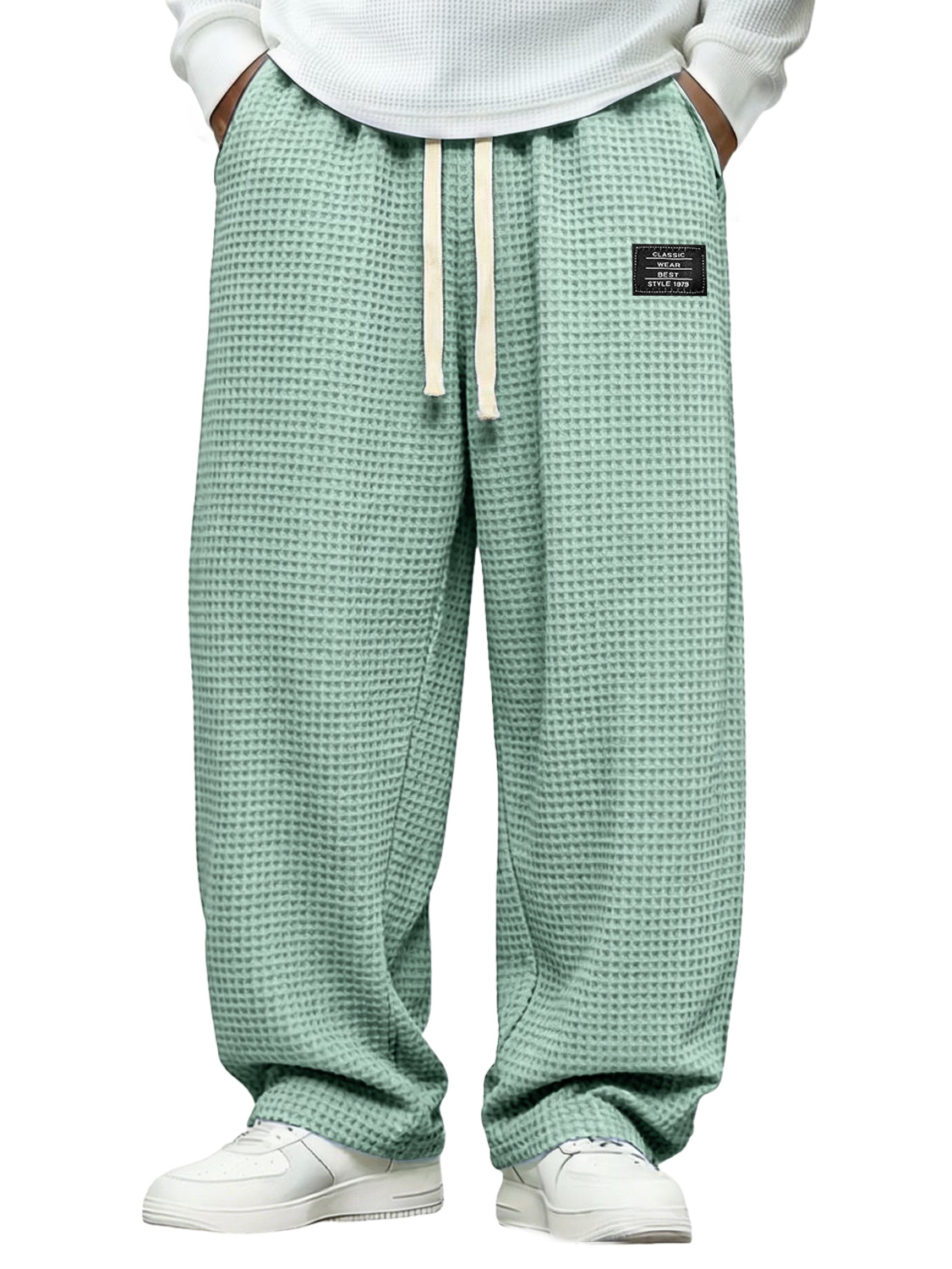 Men's Simple Waffle-knit Casual Loose-fitting Trousers With Embroidered Logo