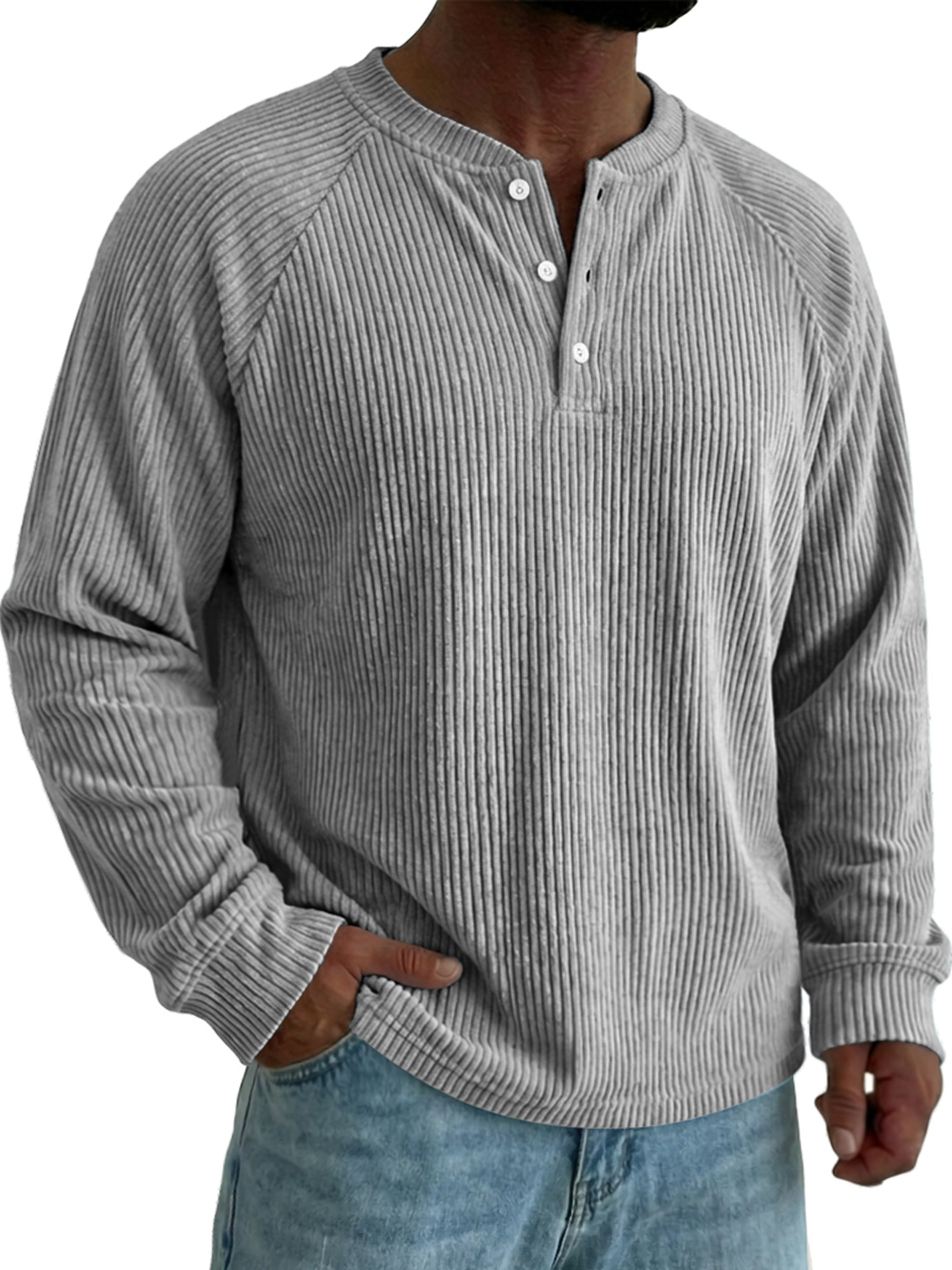 Men's Raglan Sleeve Corduroy Casual Solid Color Long-sleeved Henley Shirt