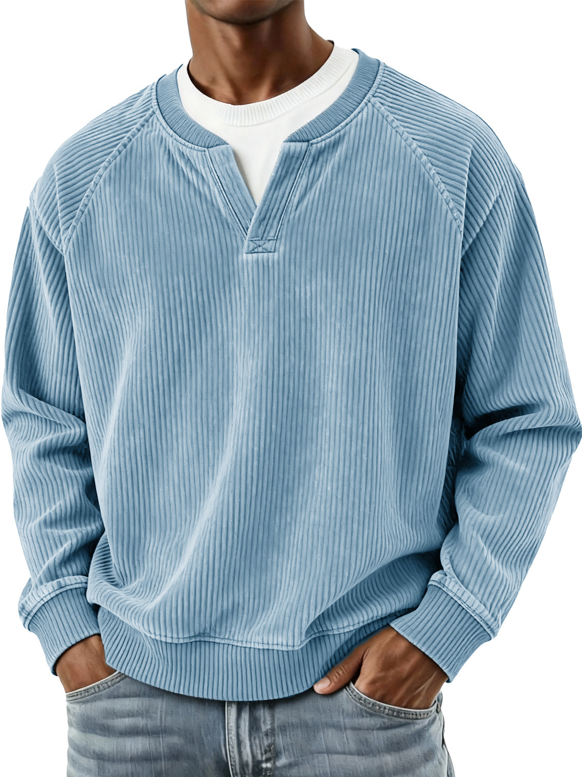 Men's Fashionable Casual Vertical Striped Corduroy Fabric Faux Two-piece Long-sleeved Top