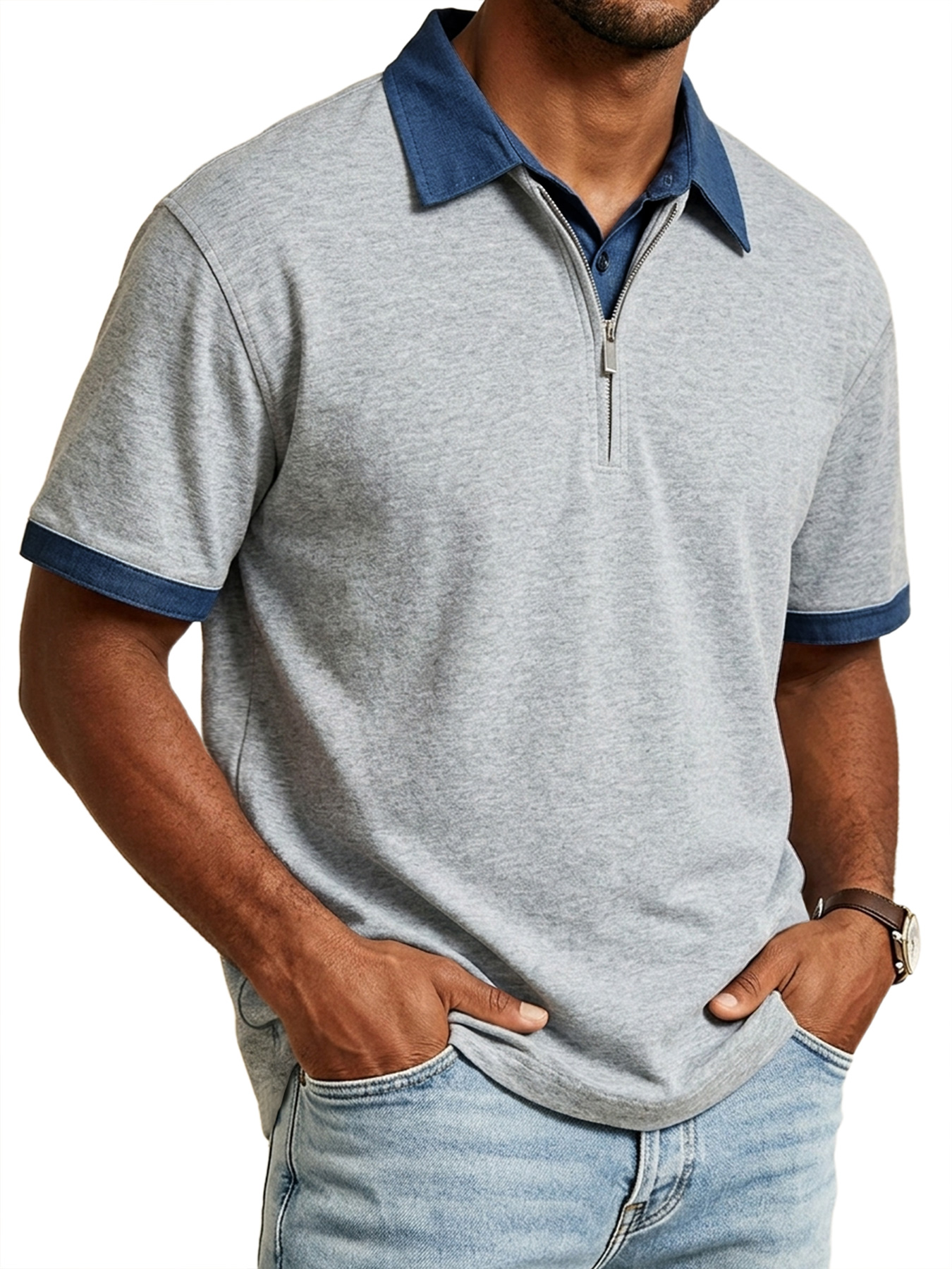 Men's Casual Faux Two-Piece Collared Zipper Color Block Short-Sleeve Polo Shirt