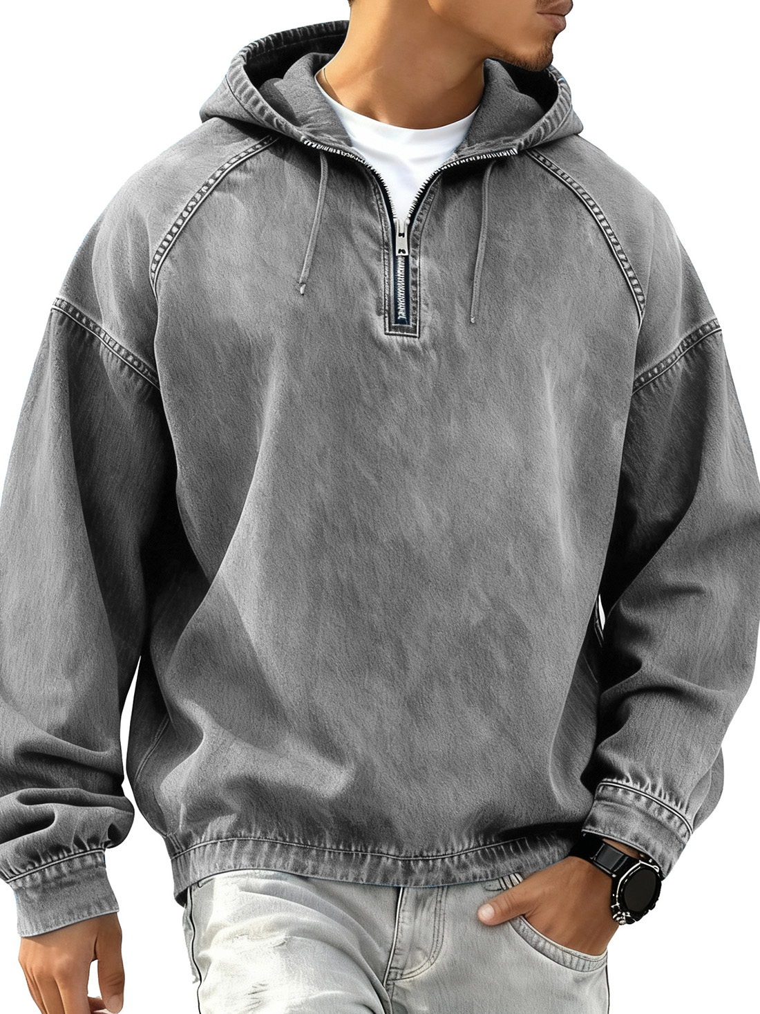 Men's Retro Fashion Distressed Raglan Long-Sleeve Hoodie