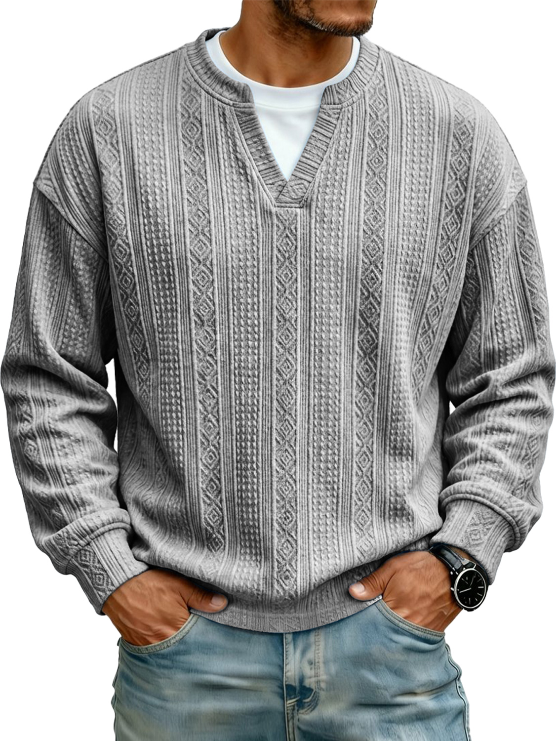 Men's Jacquard Faux Two-piece Casual Long-sleeved T-shi