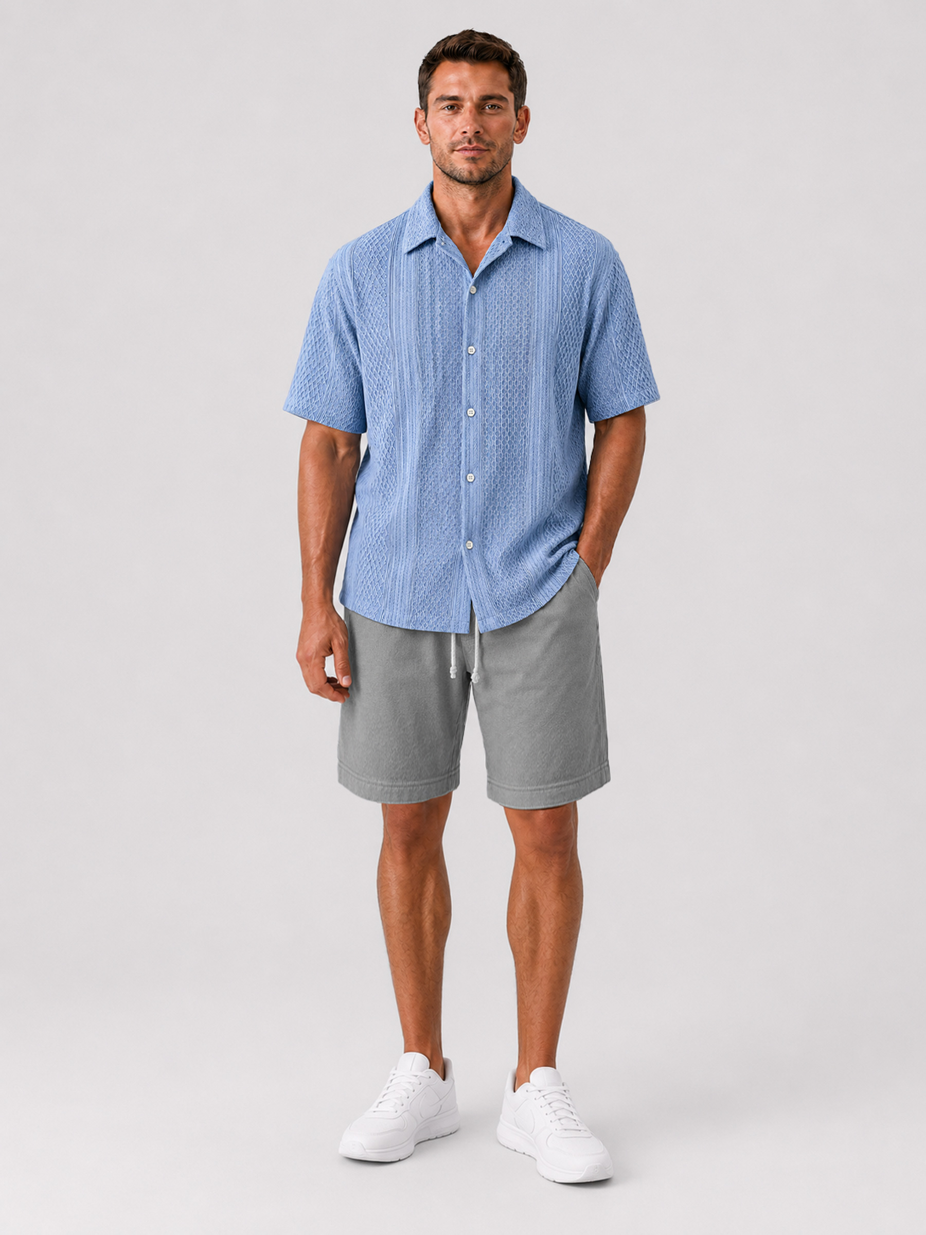 Men's Casual Jacquard Textured Solid Color Short-Sleeve Shirt