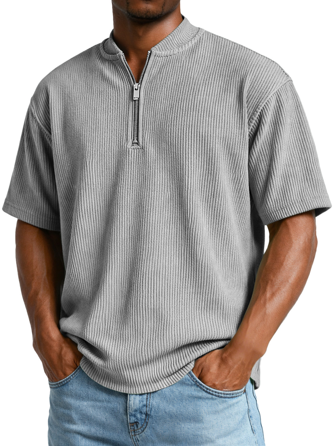 Men's Everyday Ribbed Zip-up Short-sleeved Casual T-shirt