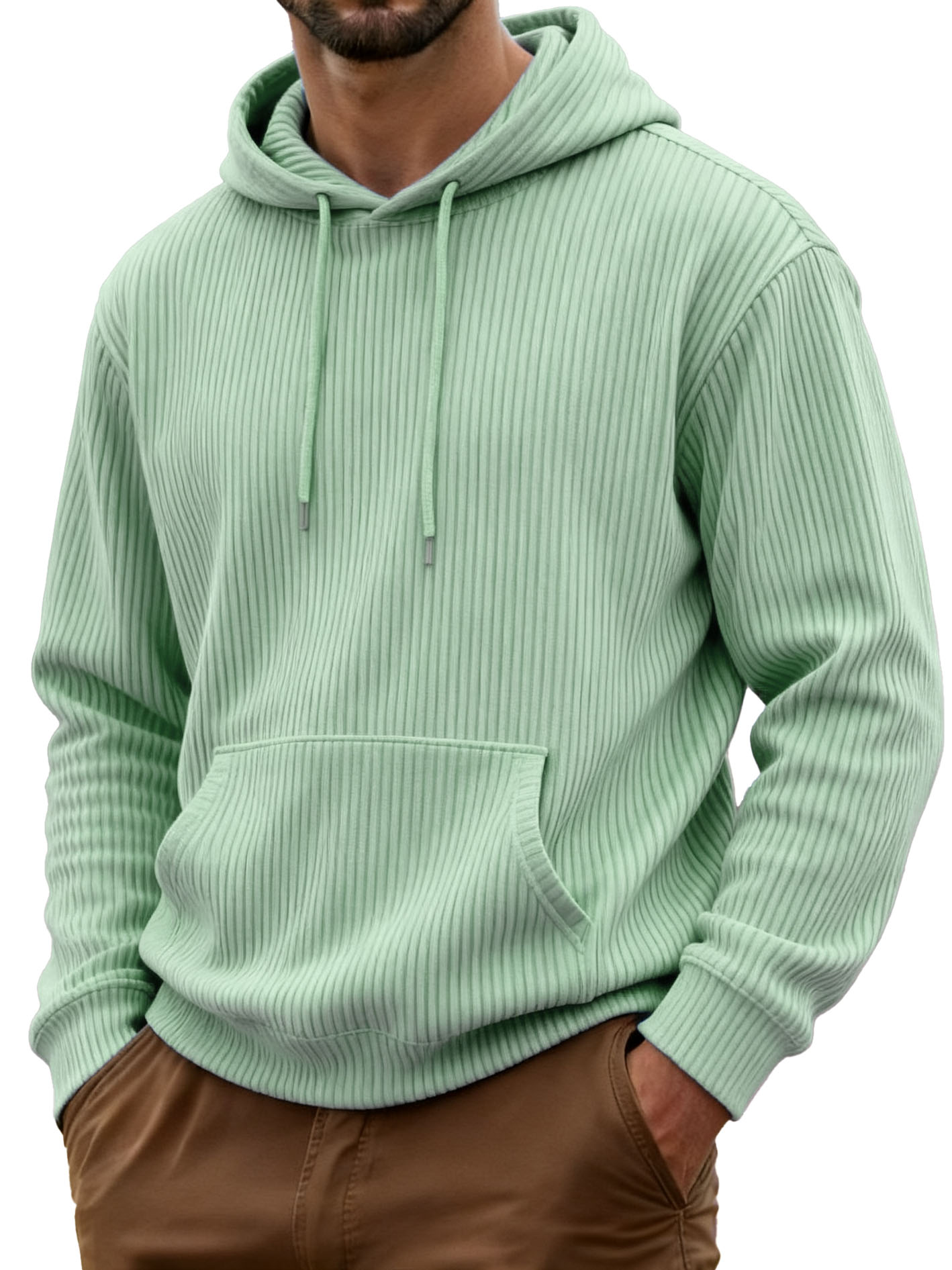 Men's Fashionable Casual Ribbed Fabric Long-sleeved Pocket Hoodie