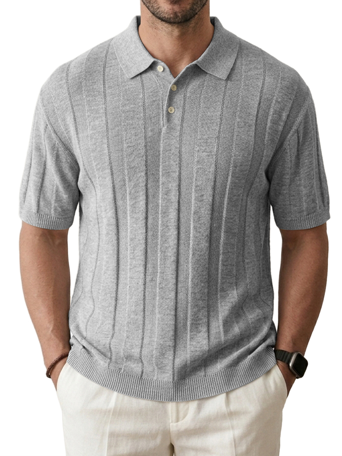 Men's Knitted Stretch Textured Striped Comfortable Short-Sleeve Polo Shirt