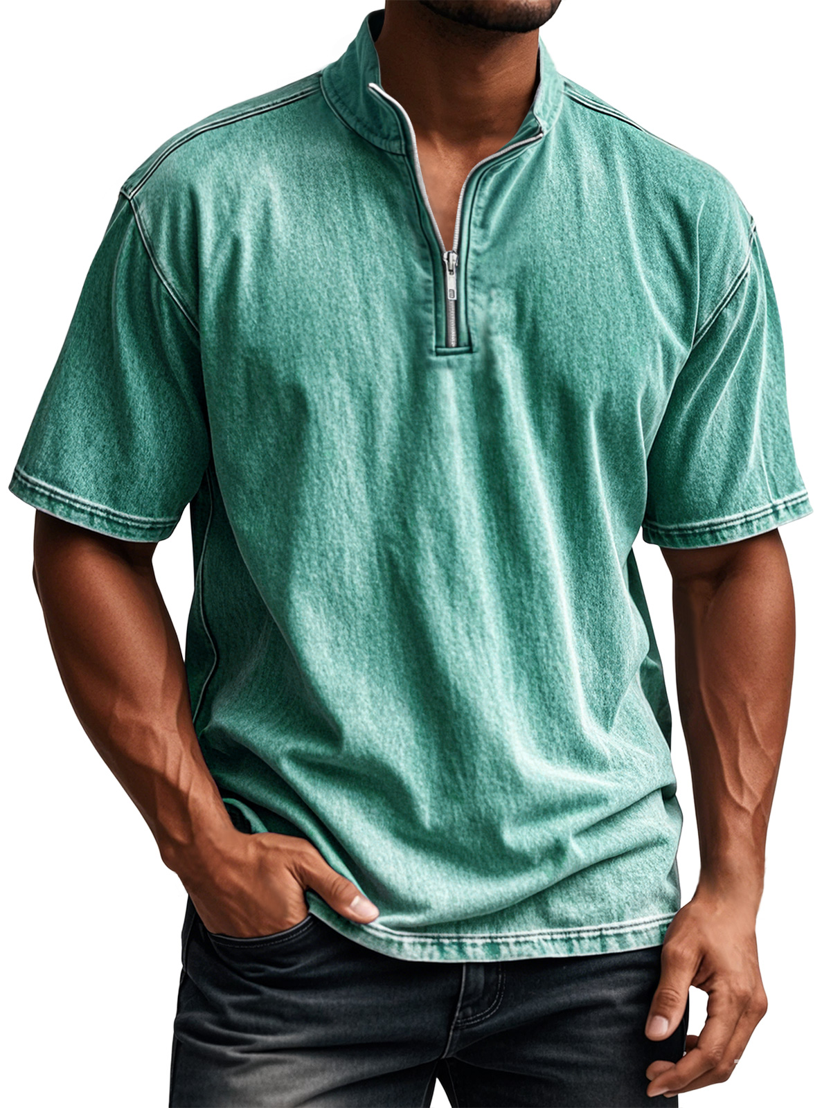 Men's Retro Everyday Stand Collar Quarter Zip Casual Short Sleeve T-Shirt