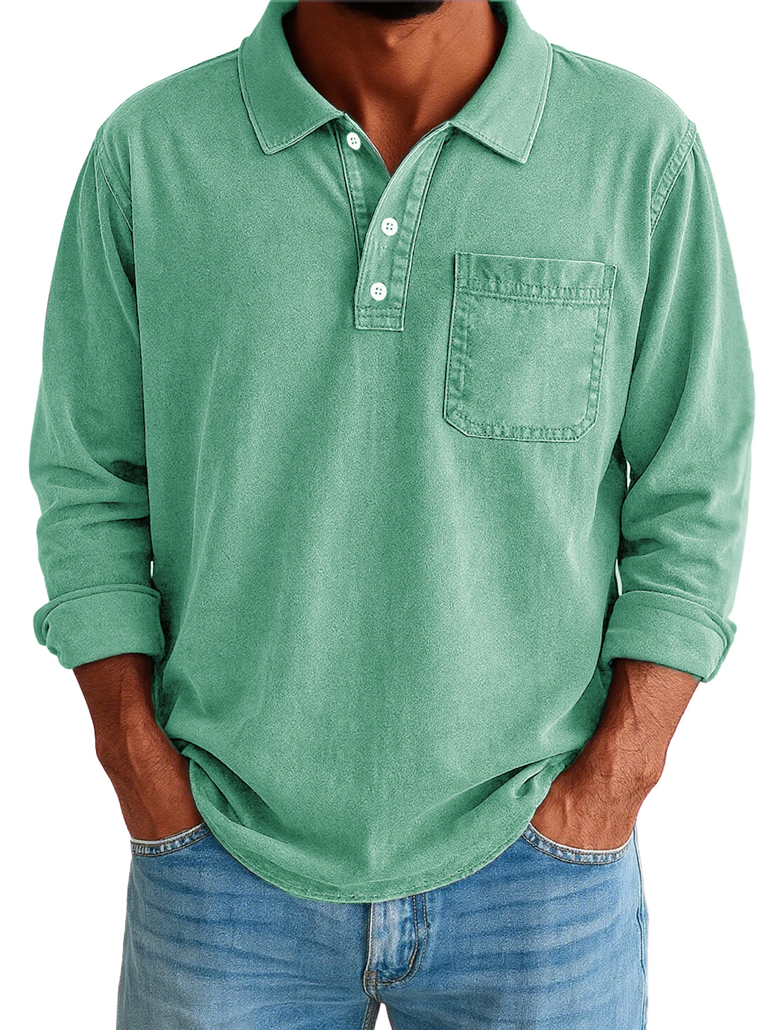 Men's Stylish Vintage Washed And Distressed Lapel Long-sleeved Polo Shirt With Pockets