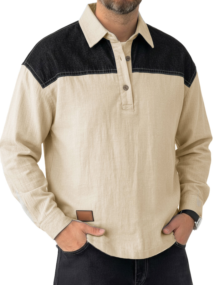 Men's Fashionable Casual Patchwork Collared Loose Long-Sleeve Polo Shirt