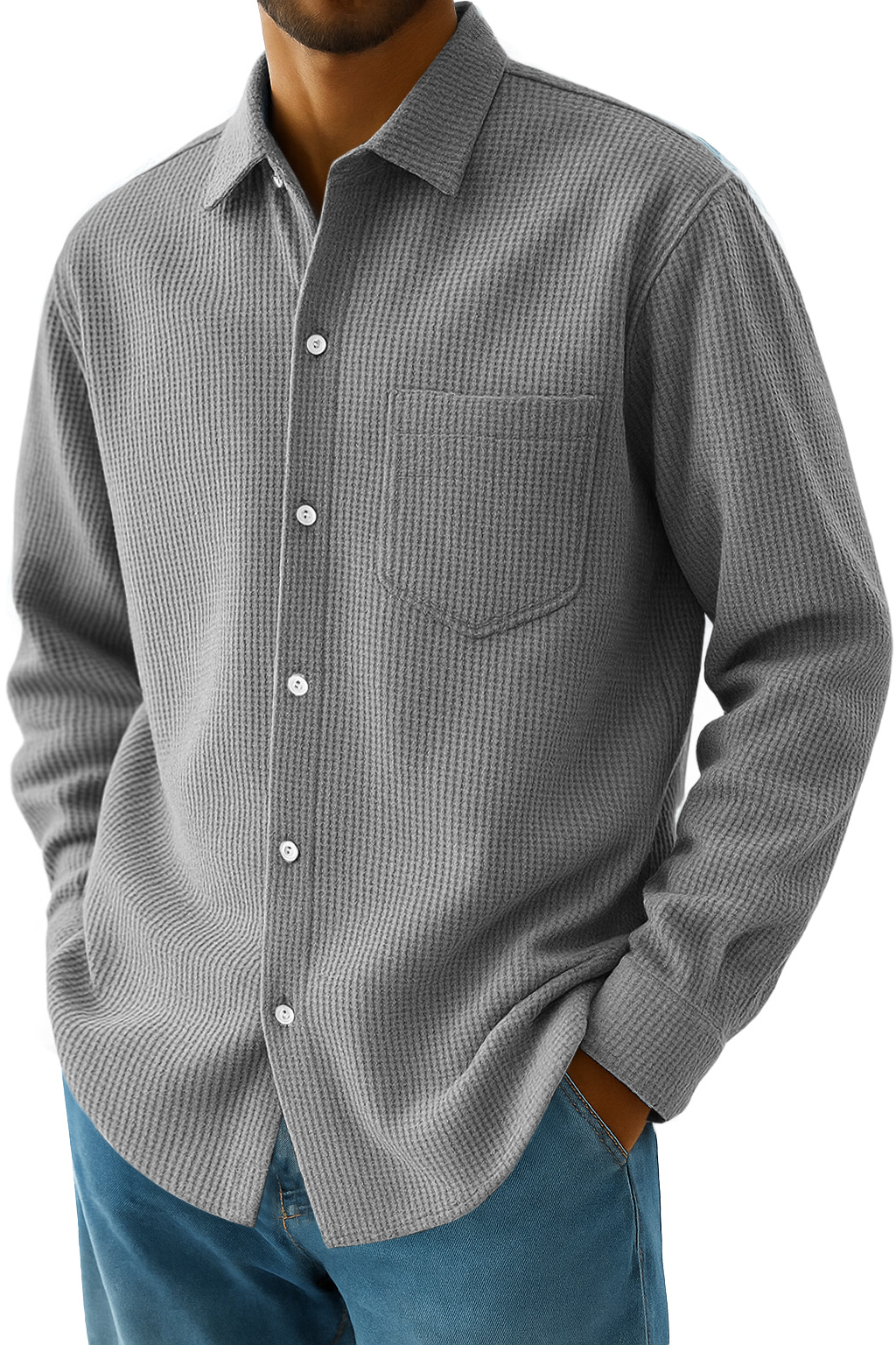 Men's Everyday Waffle Casual Pocket Long Sleeve Shirt