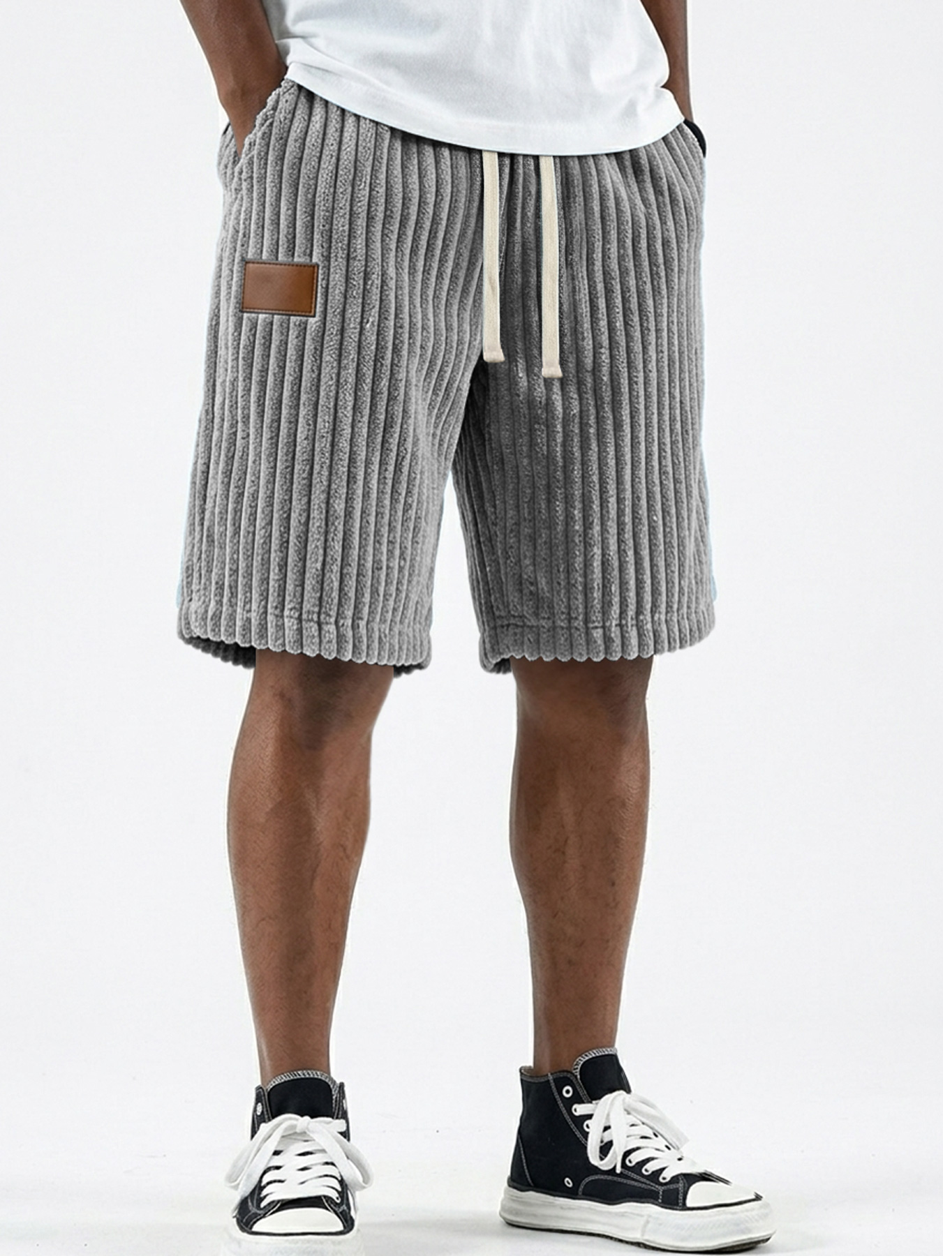 Men's Retro Corduroy Leather Label Casual Loose Shorts