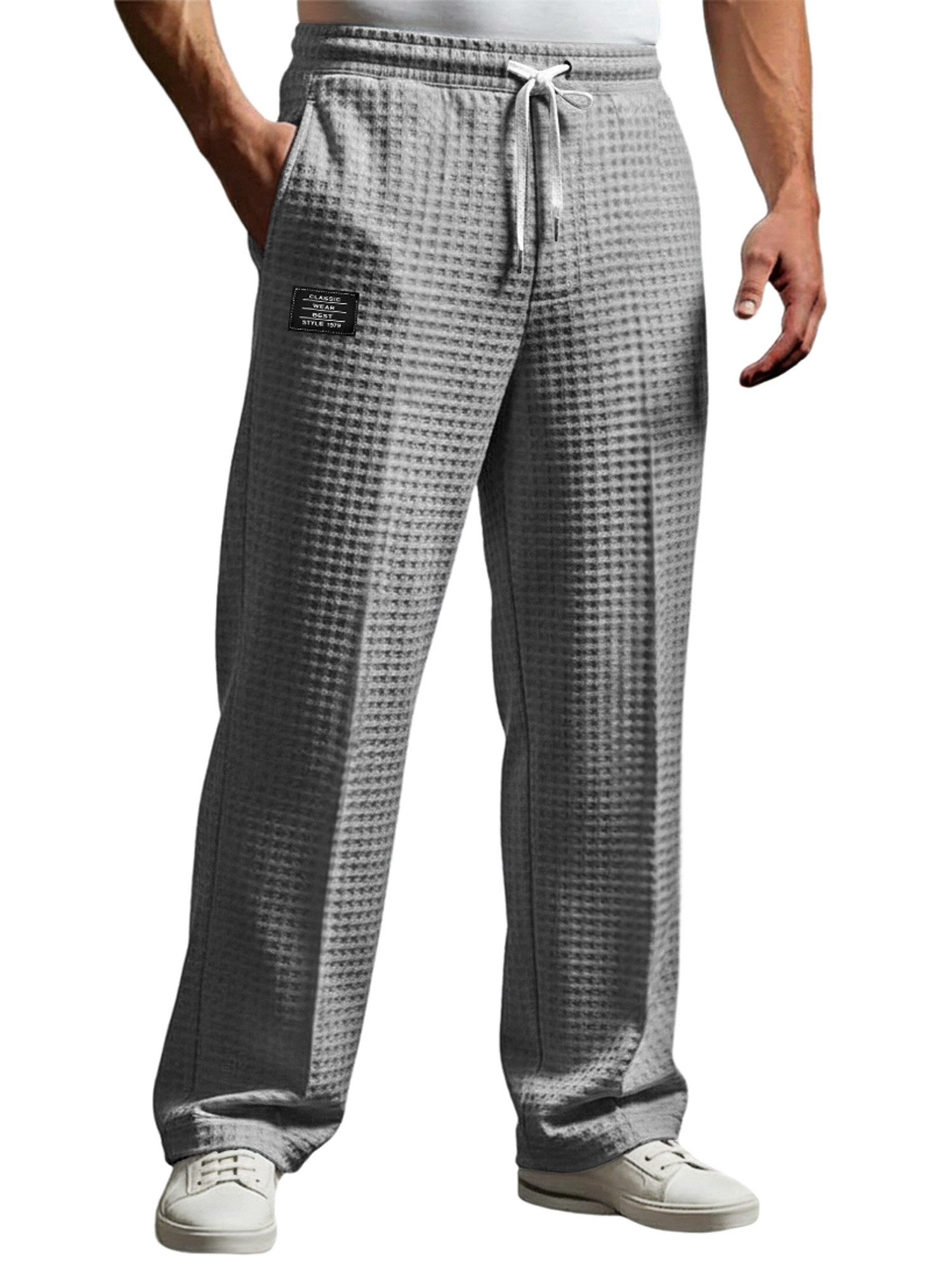Men's Waffle Embroidered Logo Casual Loose Trousers