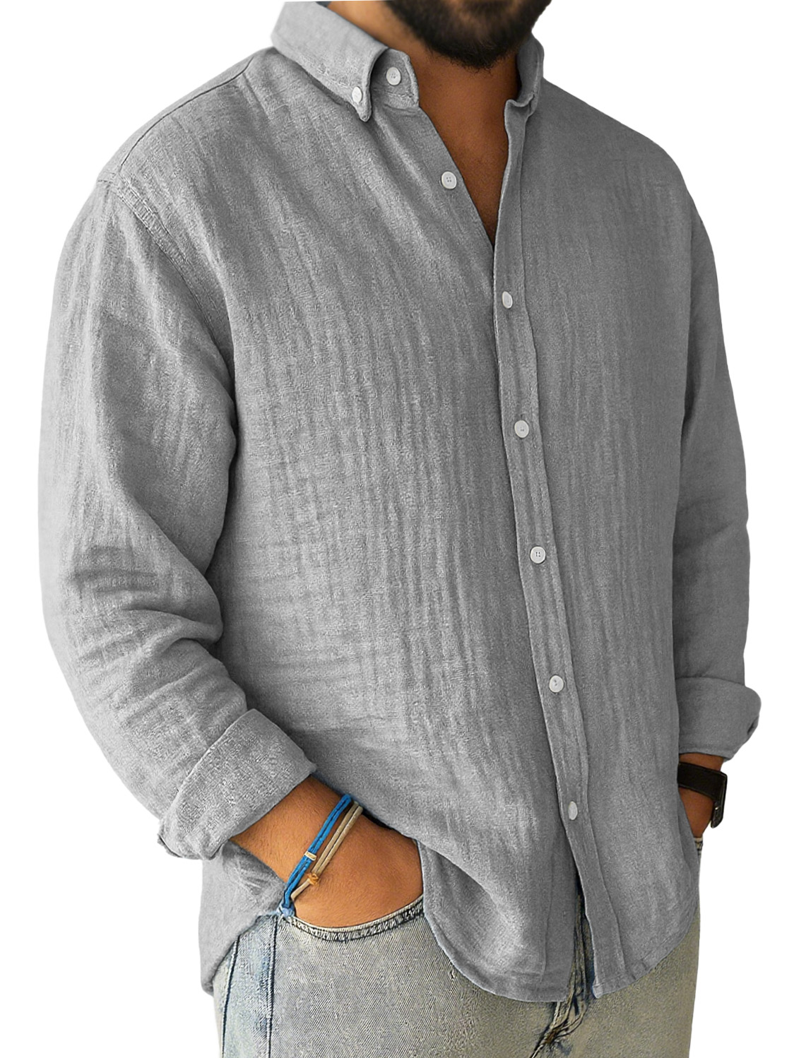 Men's Casual Pleated Loose-fitting Long-sleeved Lapel Shirt