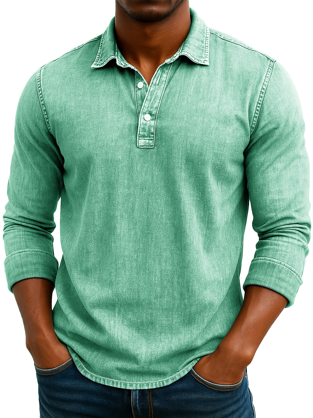 Men's Stylish Retro Washed And Distressed Lapel Long-sleeved Polo Shirt
