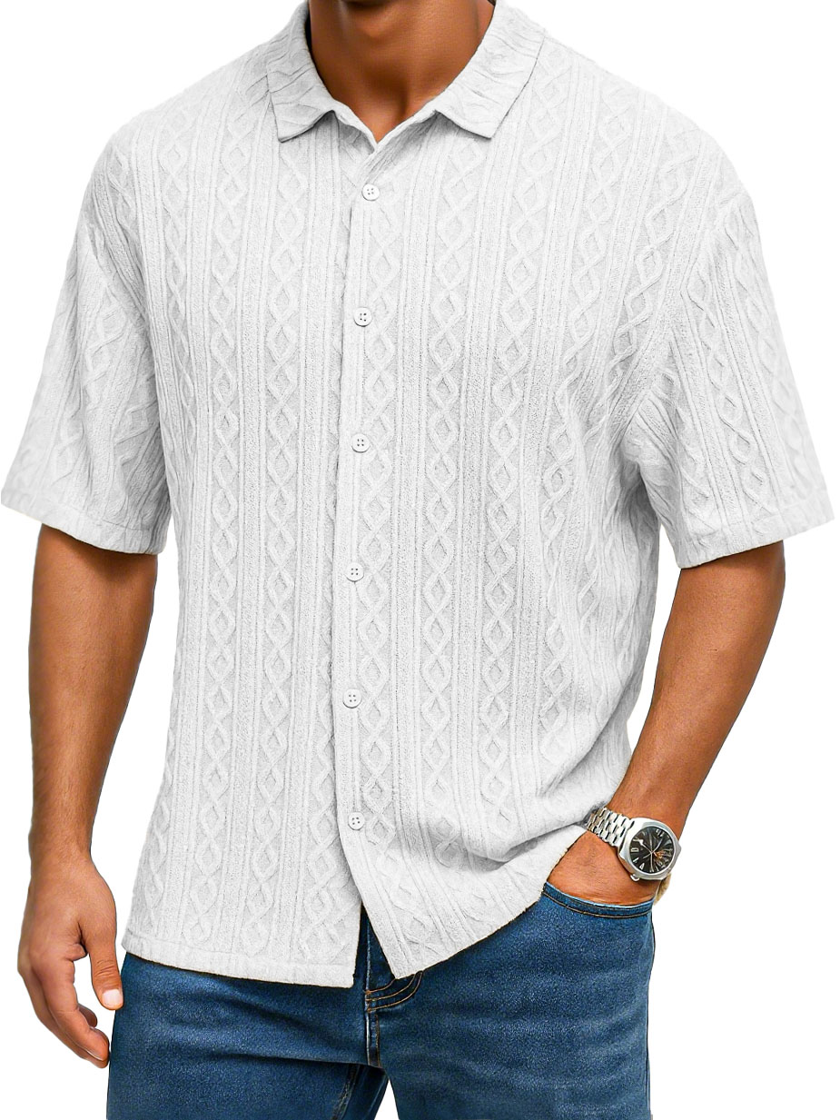 Men's Fashion Casual Jacquard Fabric Lapel Short-sleeved Shirt