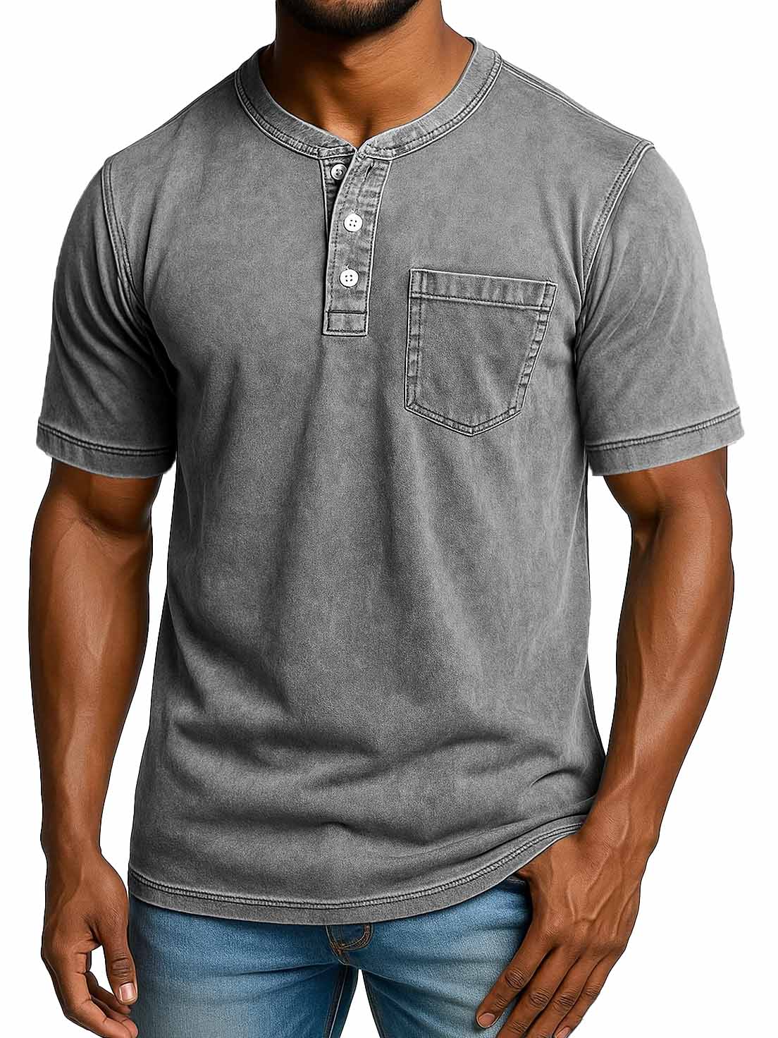 Men's Fashion Retro Distressed Short-sleeved Pocket Henley Shirt