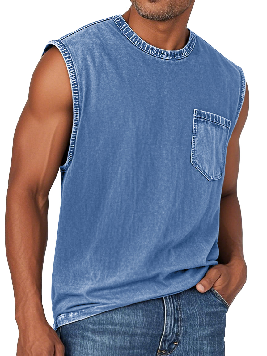 Men's Fashion Retro Washed Round Neck Pocket Sleeveless T-shirt