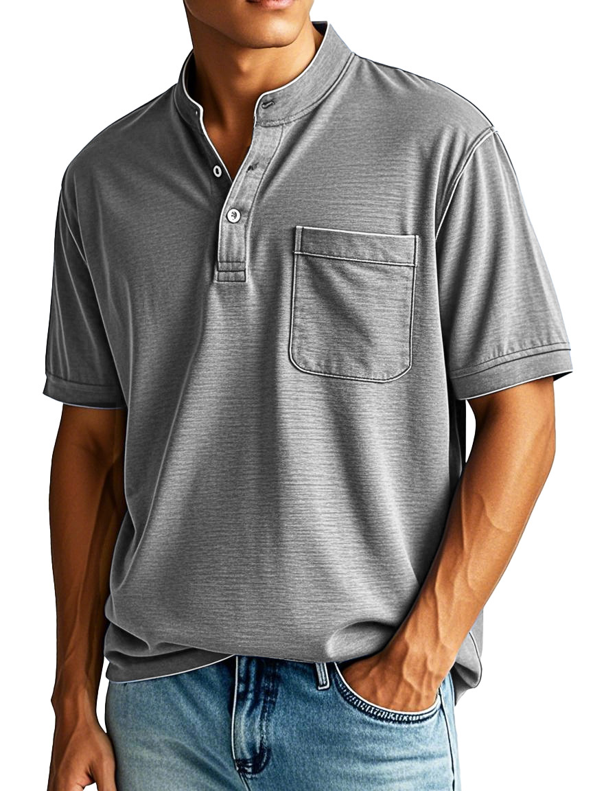 Men's Fashion Casual Stand-up Collar Pocket Short-sleeved Henley Shirt