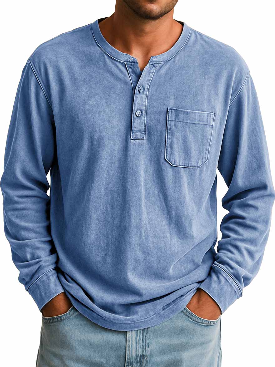 Men's Stylish Retro Outdoor Distressed Pocket Stand Collar Long-sleeved Henley Shirt