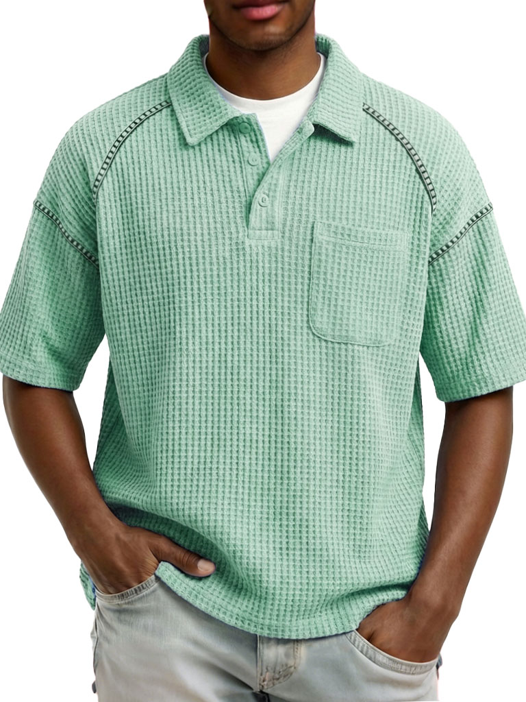 Men's Fashion Retro Raglan Waffle Gown Short-Sleeve Polo Shirt