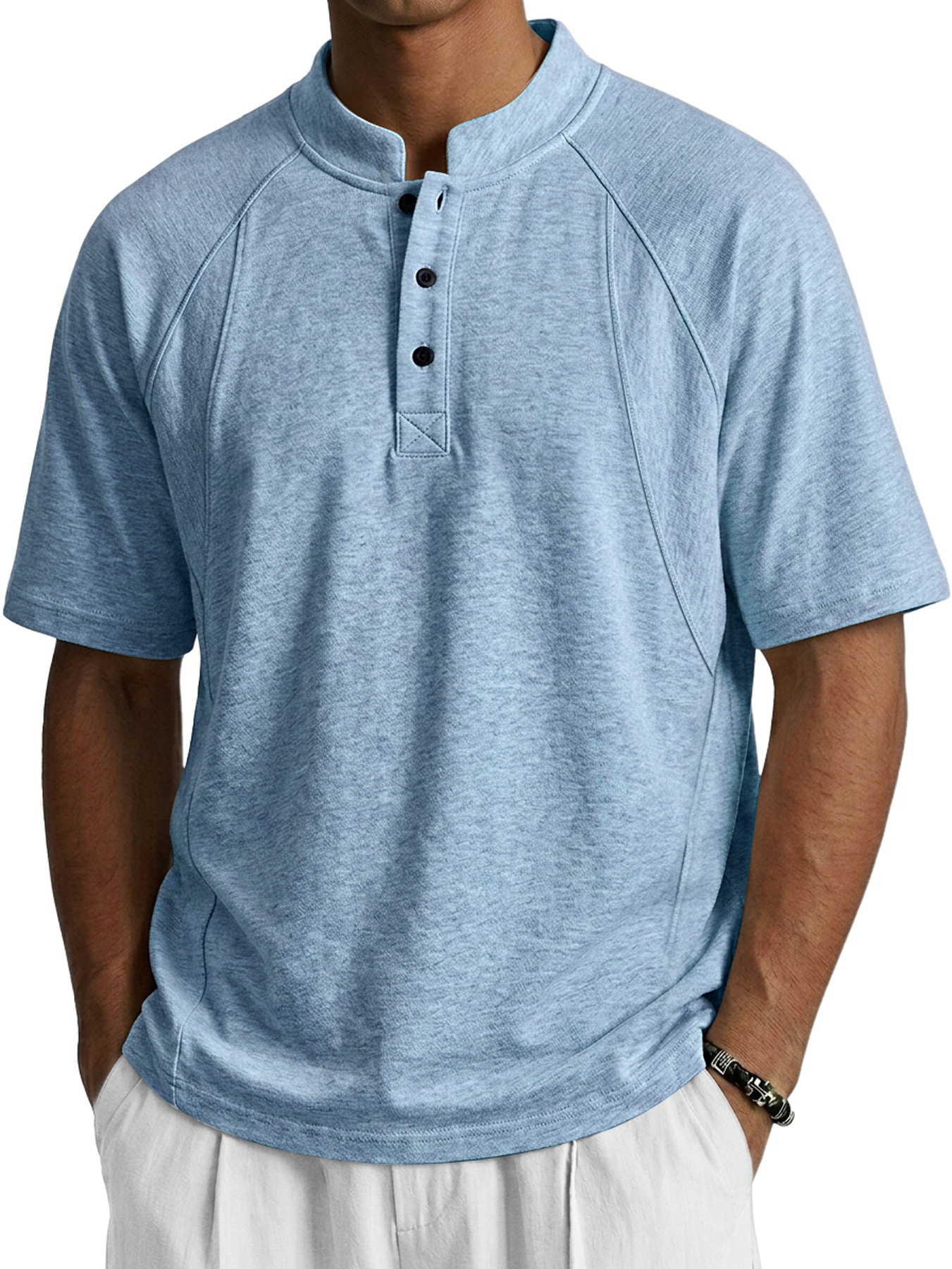 Men's Deconstructed Design Stand-up Collar Button Casual Short-sleeved Henley Shirt