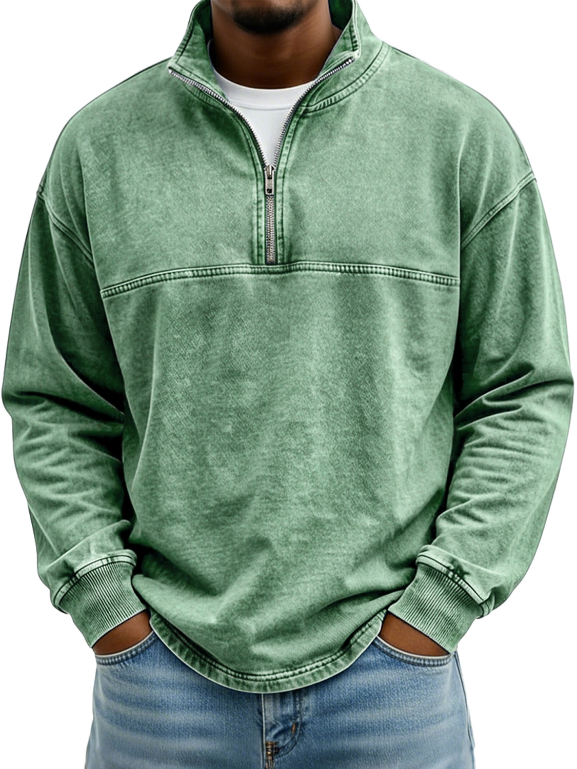 Men's Vintage Stand-collar Long-sleeved T-shirt With Zipper And Contrasting Stitching Design