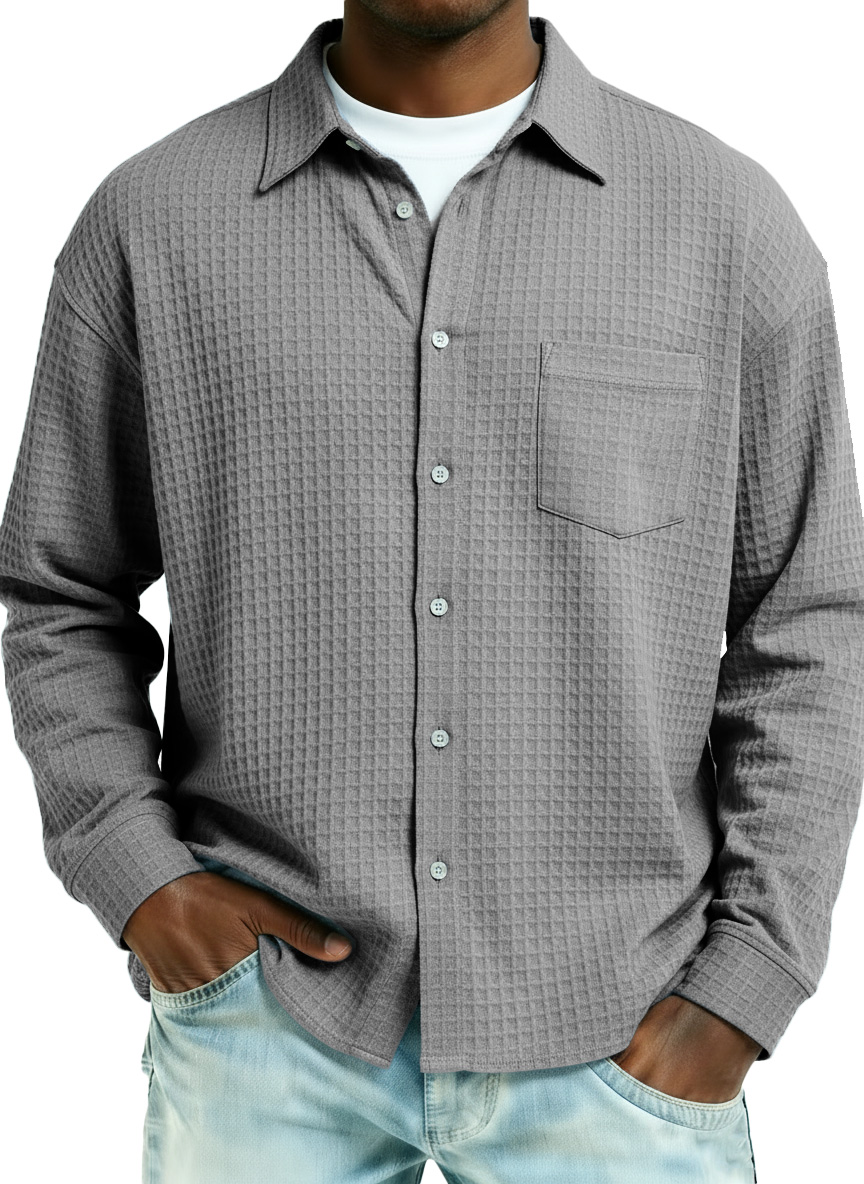 Men's Fashionable Retro Large Waffle Fabric Pocket Long-Sleeved Collared Shirt