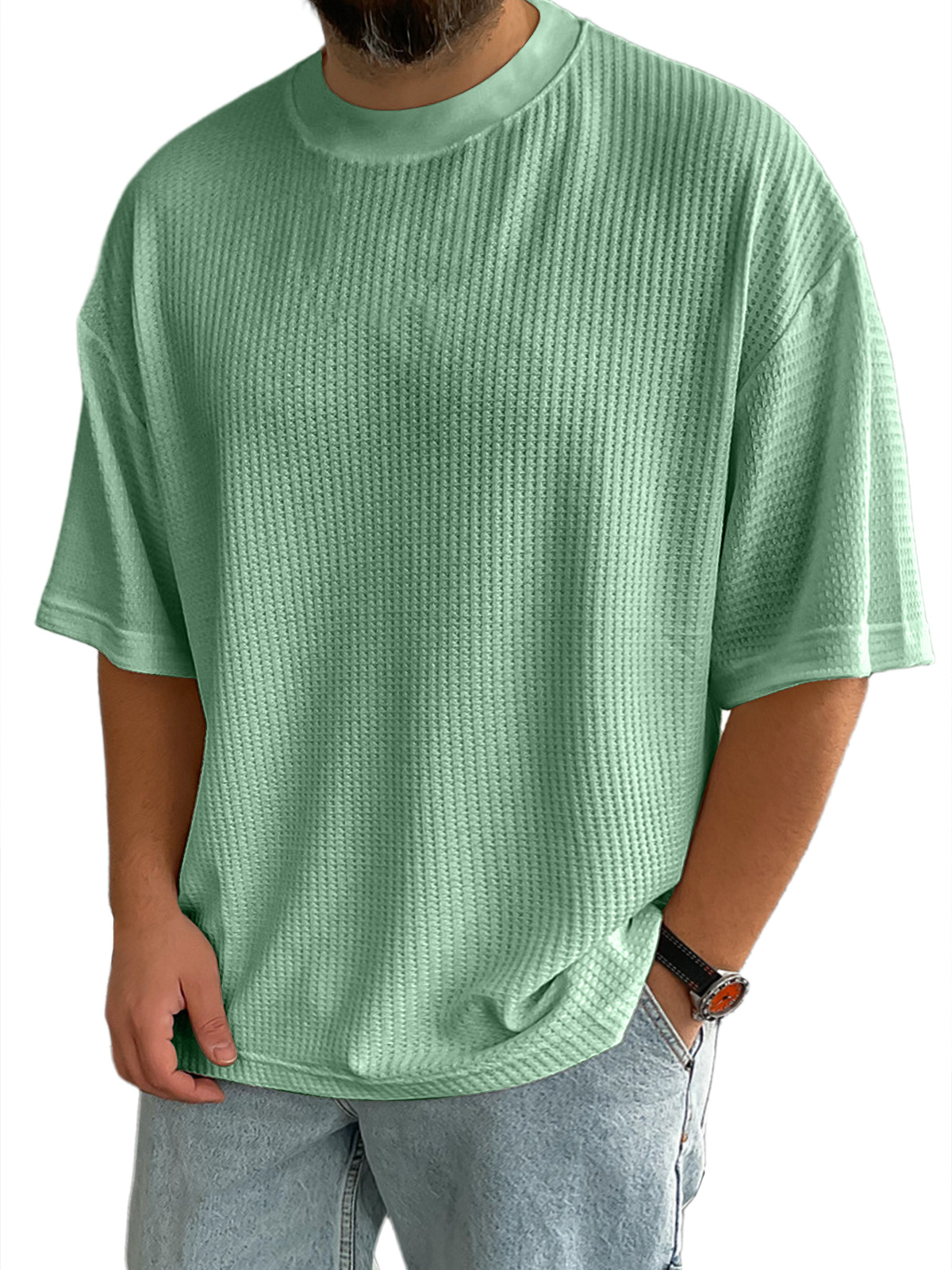 Men's Casual Textured Round Neck Solid Color Short-sleeved T-shirt