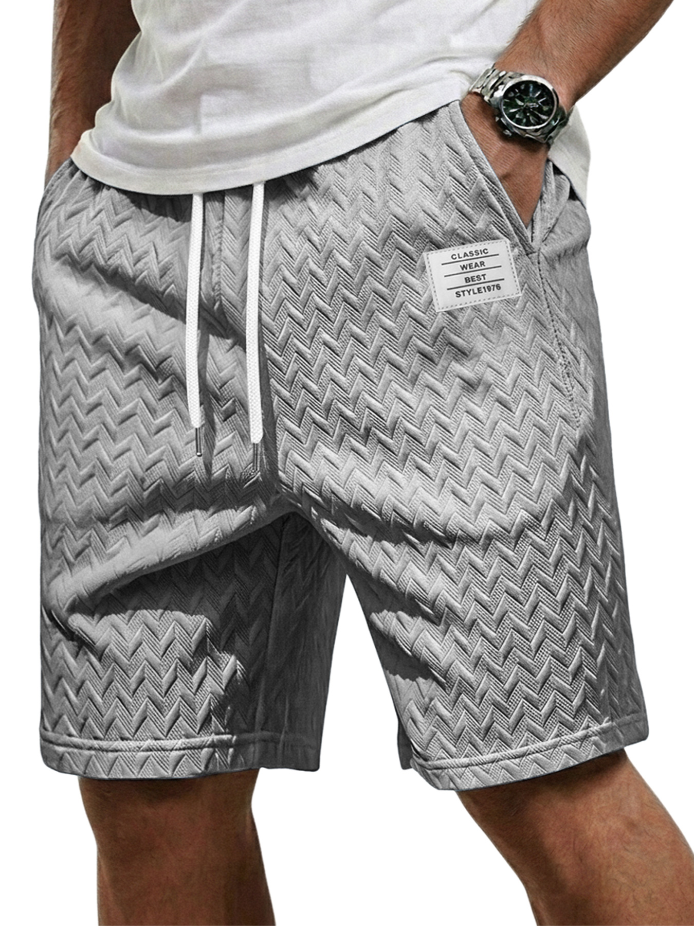 Men's Casual Jacquard Textured Embroidered Logo Elastic Waist Shorts