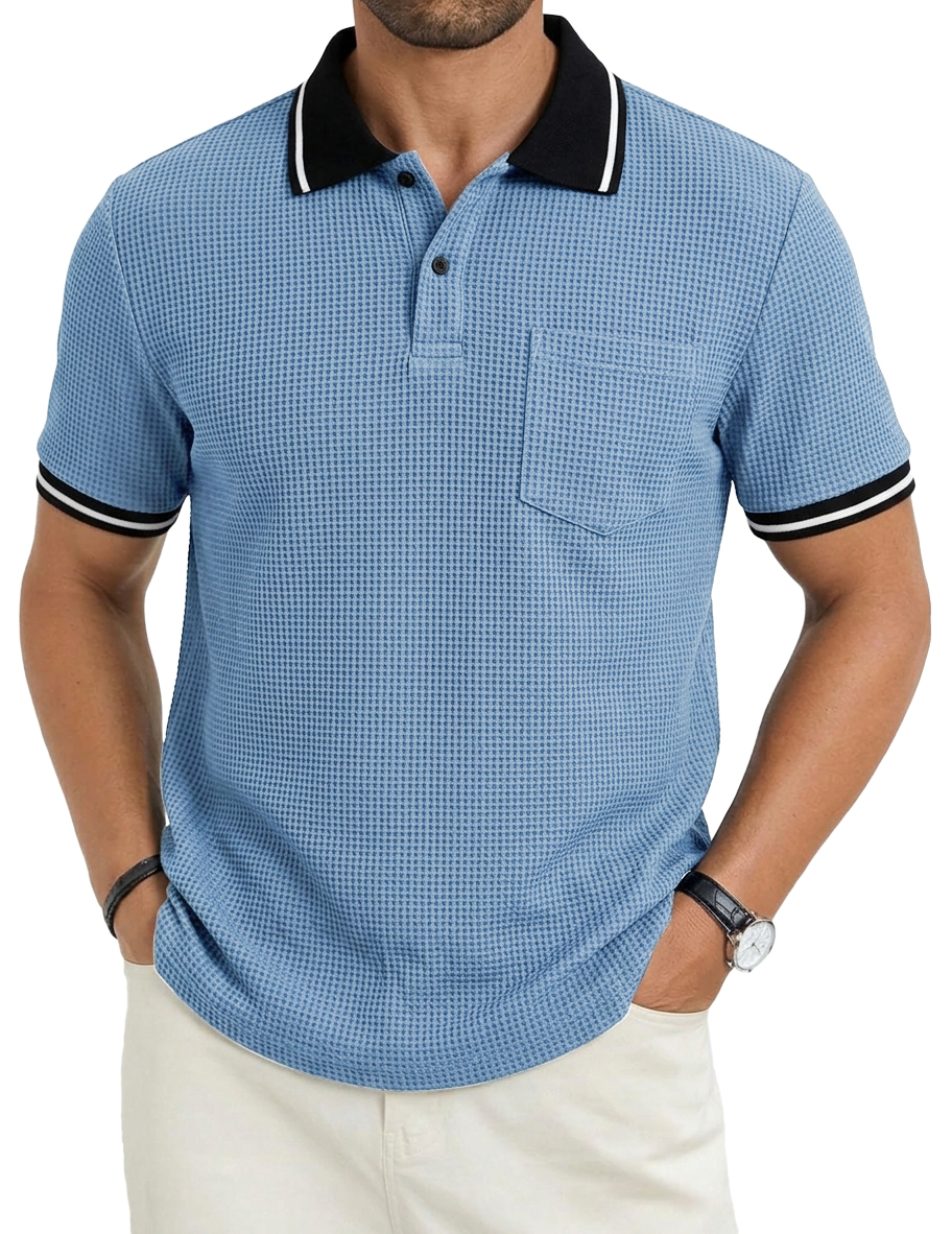 Men's Fashionable Casual Commuter Color-blocked Waffle Fabric Polo Shirt