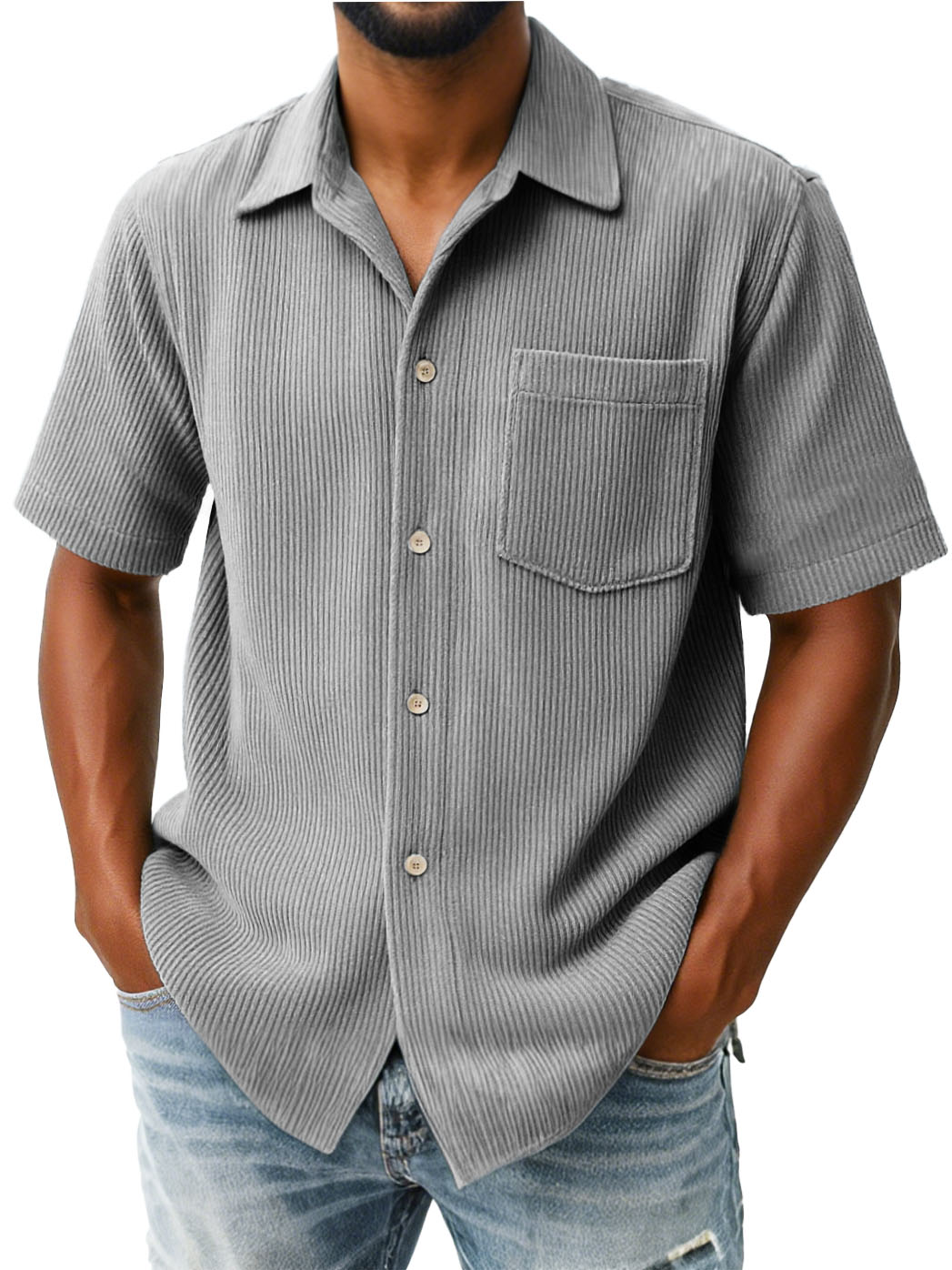 Men's Fashion Casual Ribbed Fabric Pocket Short-Sleeved Lapel Shirt