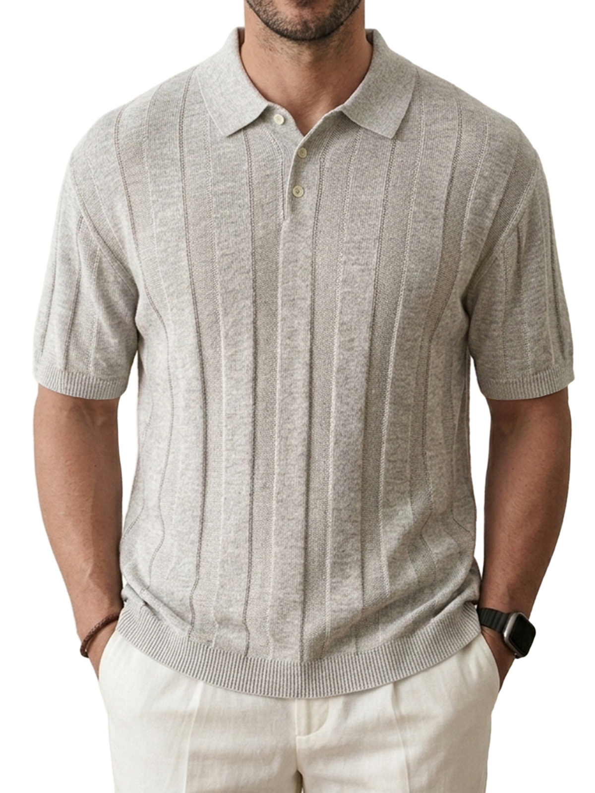 Men's Knitted Stretch Textured Striped Comfortable Short-Sleeve Polo Shirt